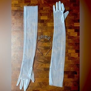 “BRIDE” rhinestone headband + elbow-length mesh gloves w rhinestones